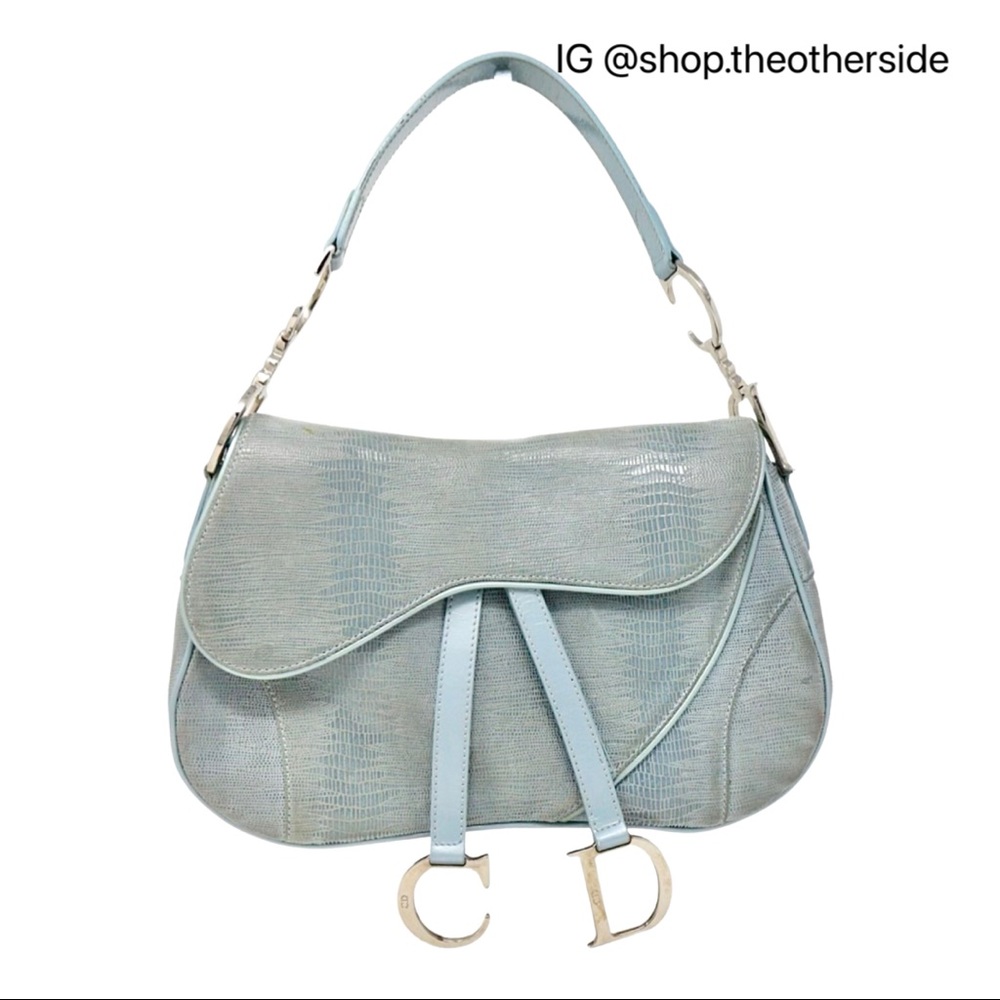 Dior Lizard Leather Double Saddle Bag in Blue